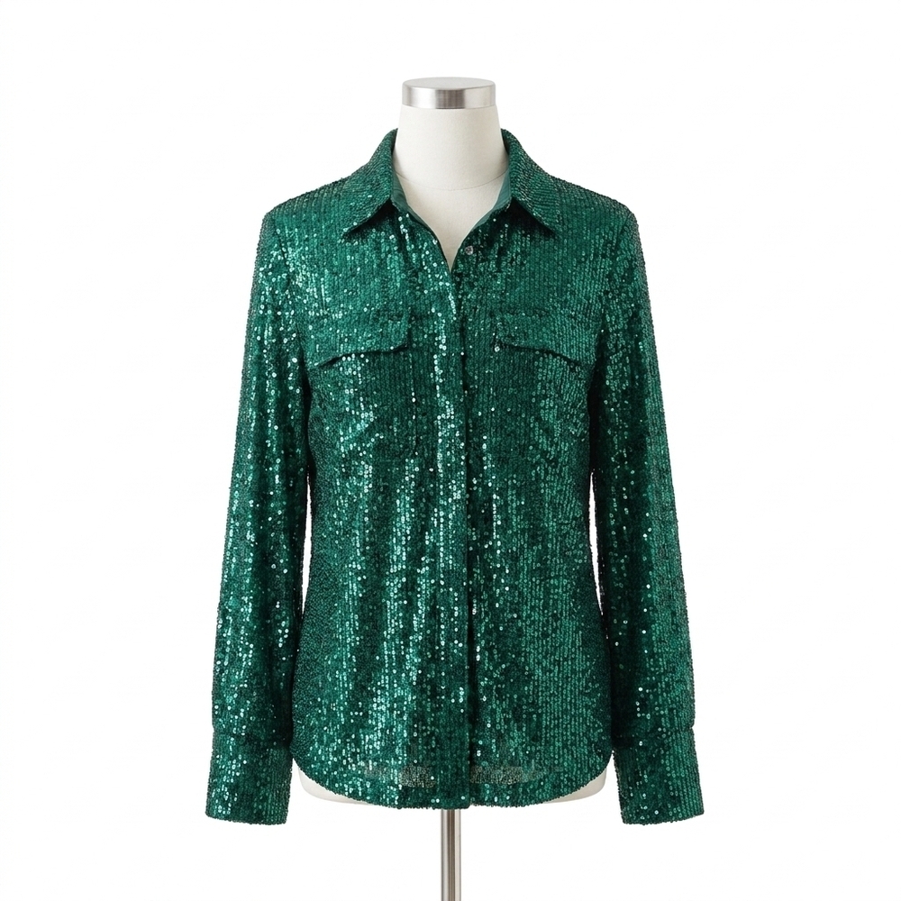 NEW VOY double pocket collared sequin blouse in green